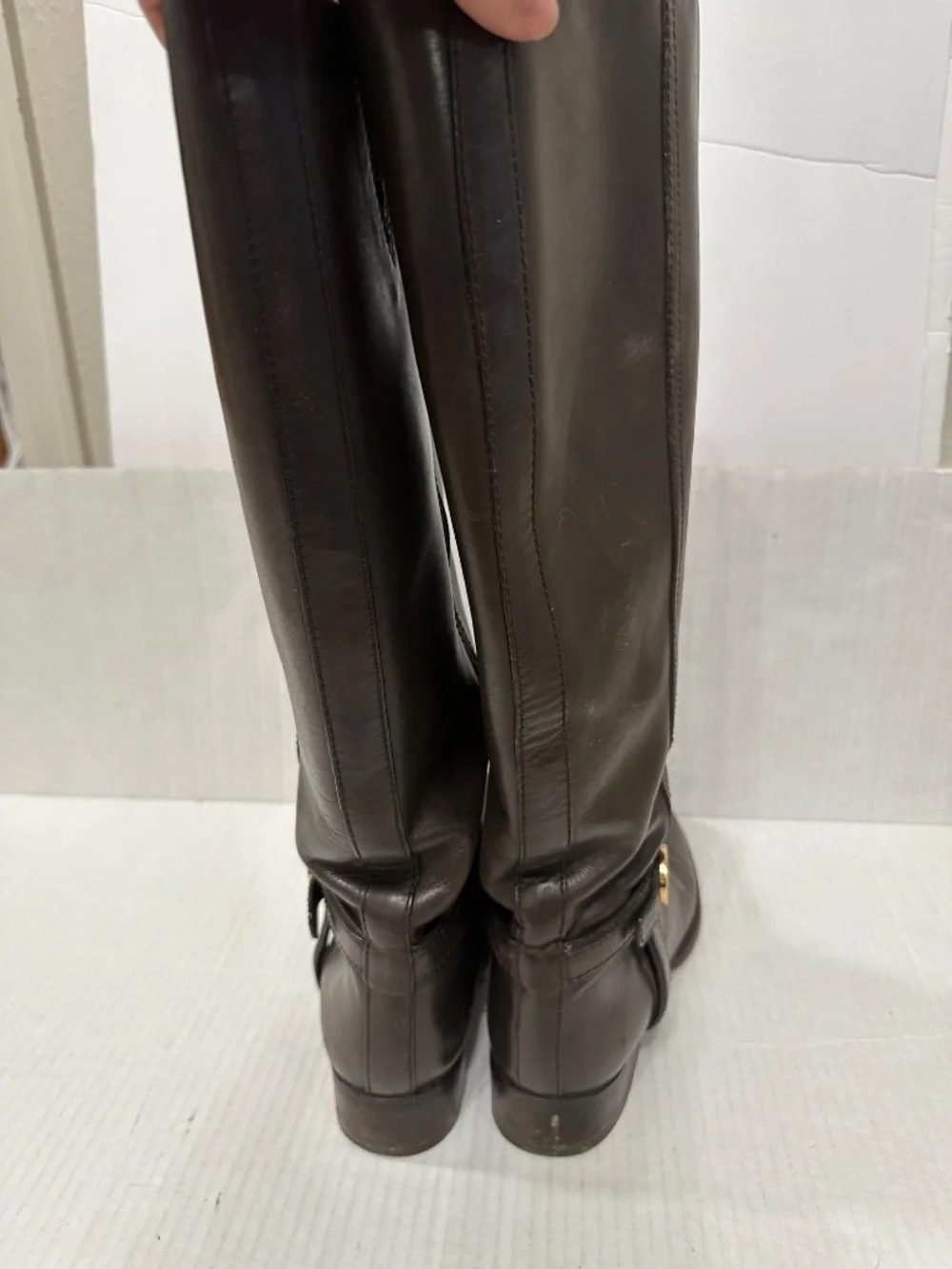 Tory‎ Burch size 7 Tall Brown Leather Boots gold logo zippered